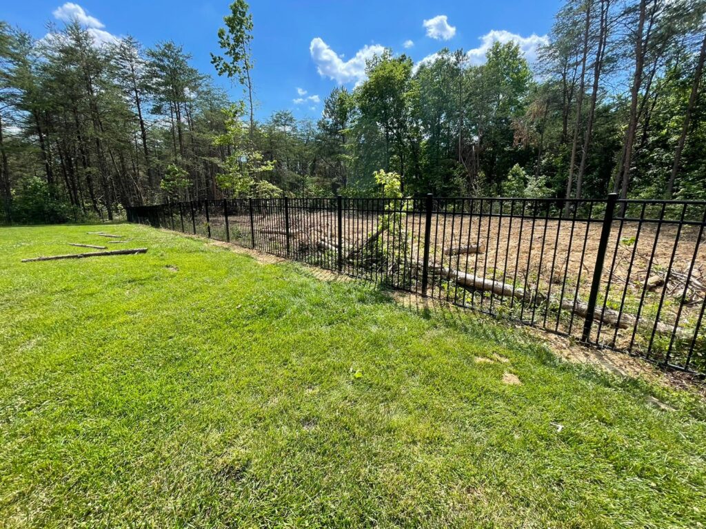 Black aluminum fence along a wooded backyard