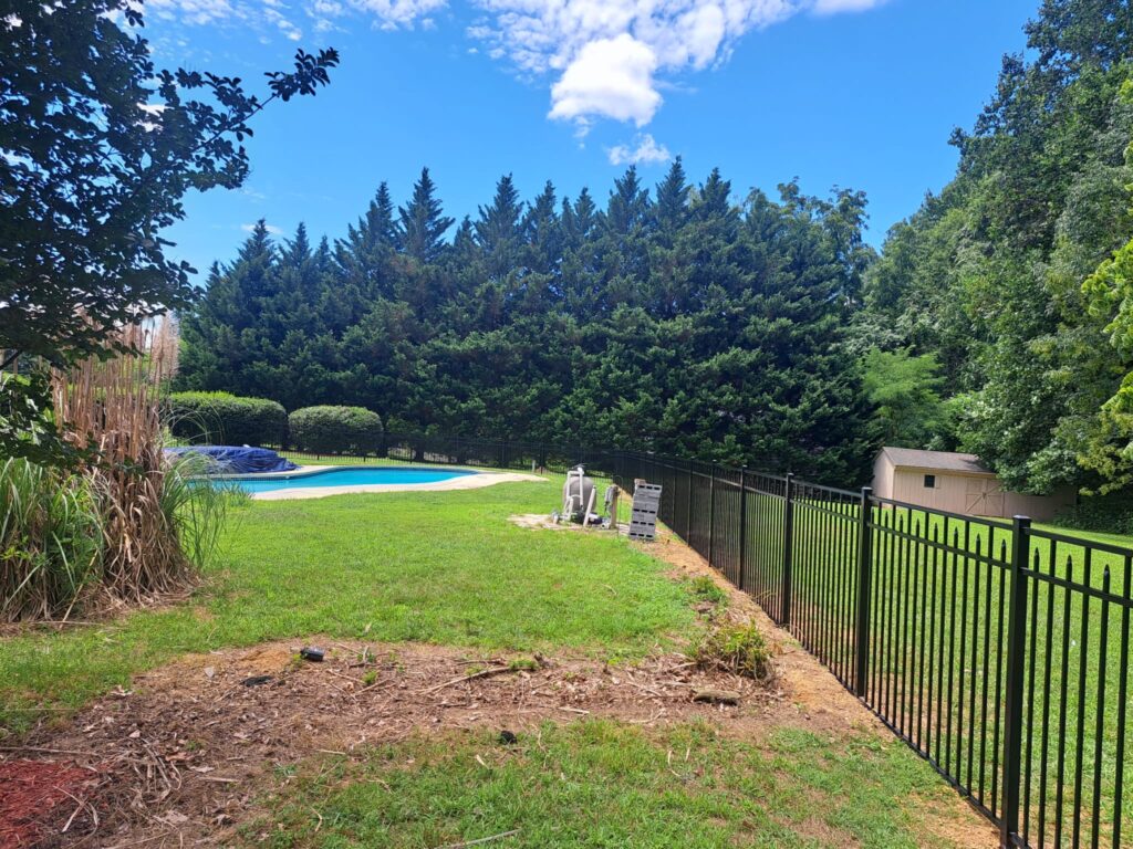 Black aluminum fence near a backyard pool with tall trees behind it