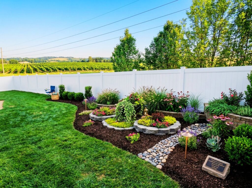 White vinyl privacy fence behind a landscaped backyard